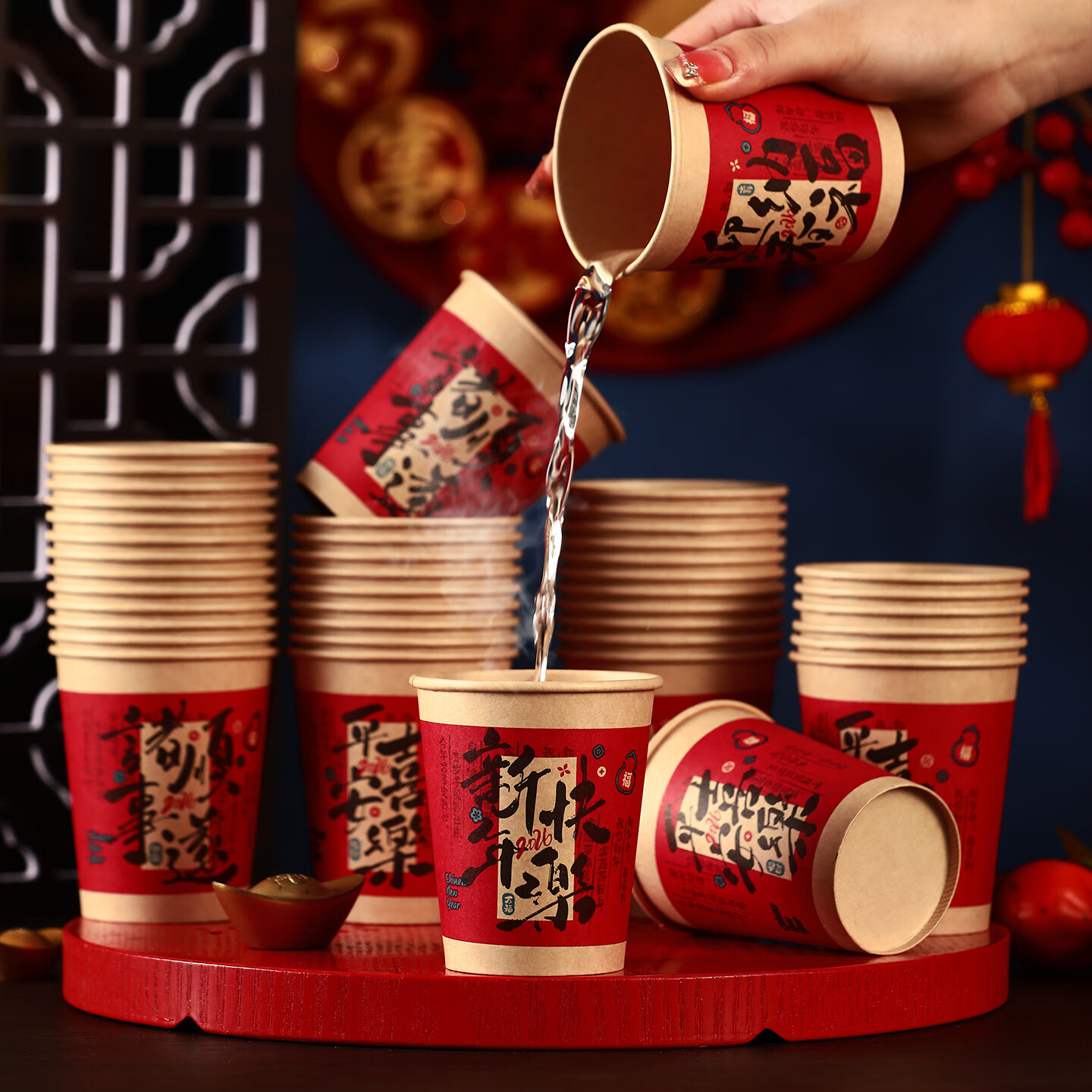 皓井2026马年新年一次性加厚纸杯春节装饰过年喜庆氛围布置红色杯子 马年大吉(黑字)-100个装 无规格