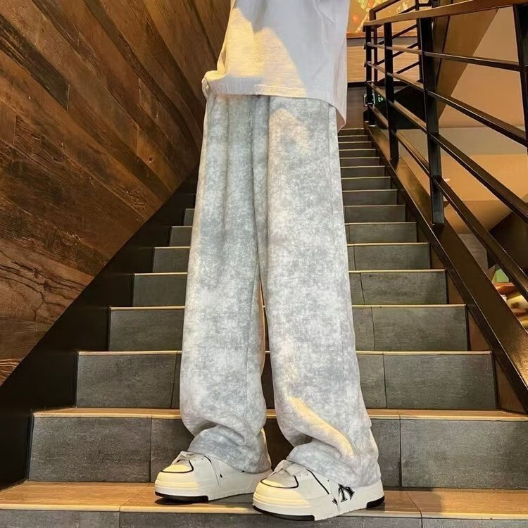 东馨鸟扎染休闲新款休闲裤美式春秋复古薄款宽松长裤直筒潮流脏脏裤裤子 黑色 5XL[建议200-220斤] 均码