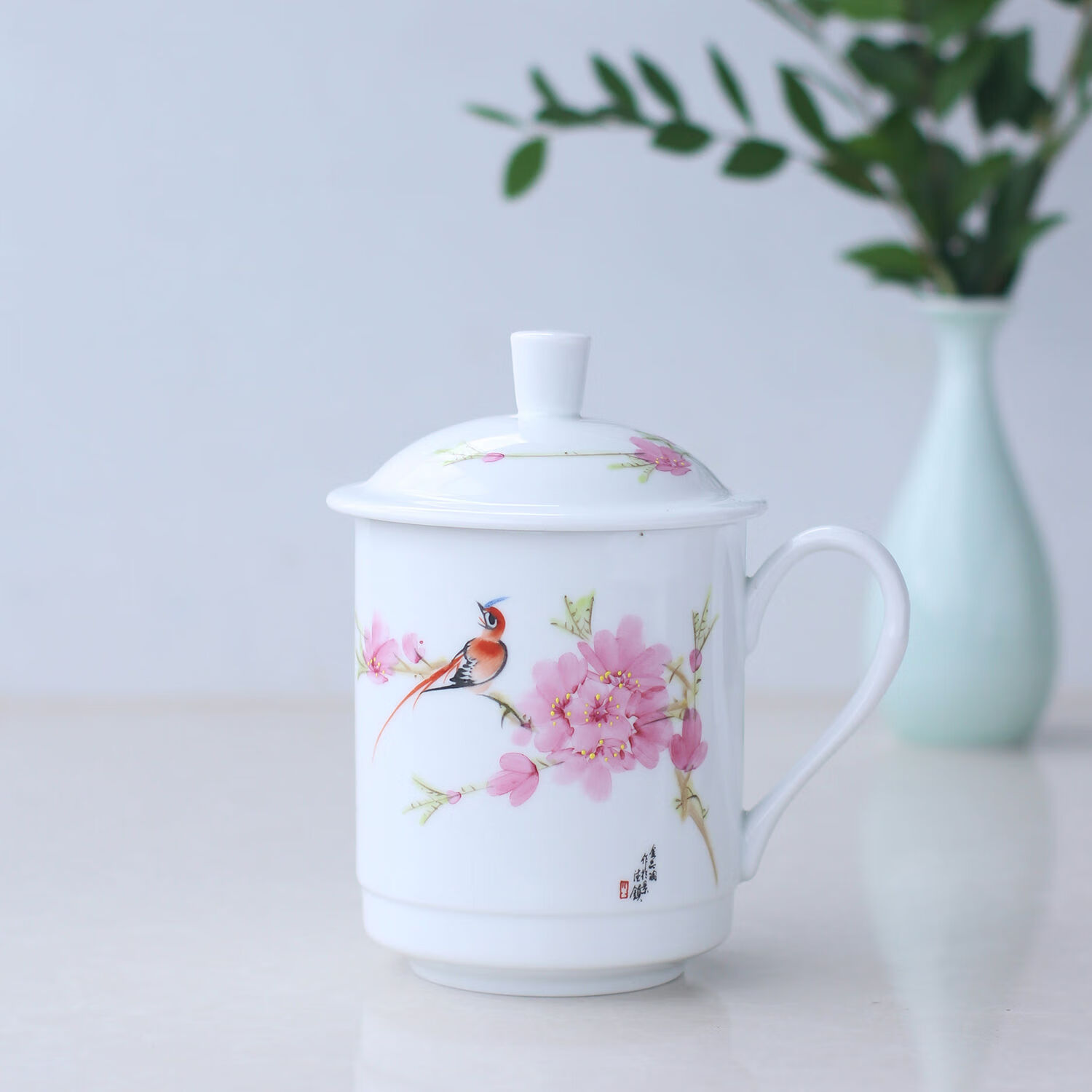 紅葉陶瓷帶蓋陶瓷杯碟高白瓷會(huì)議杯家用喝水杯禮品辦公杯可定制 200ml-600ml具體看鏈接 大號(hào)手繪款水點(diǎn)桃花杯容量550毫升