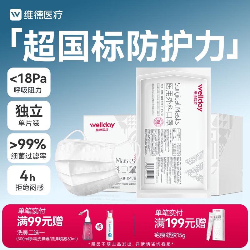 维德（WELLDAY）一次性医用外科口罩50只白色纸塑独立装防沙尘防鼻炎过敏灭菌级