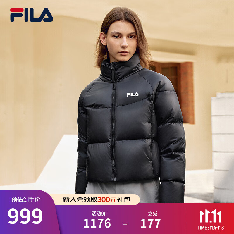 FILA官方女士羽绒服2025冬季新款运动短款宽松保暖立领外套 正黑色-BK M 165/84A/M