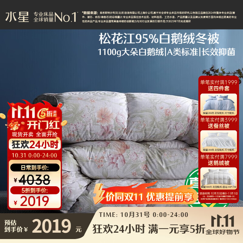 水星家纺羽绒被95%白鹅绒被子冬季加厚冬被芯双人羽绒被220cm×240cm