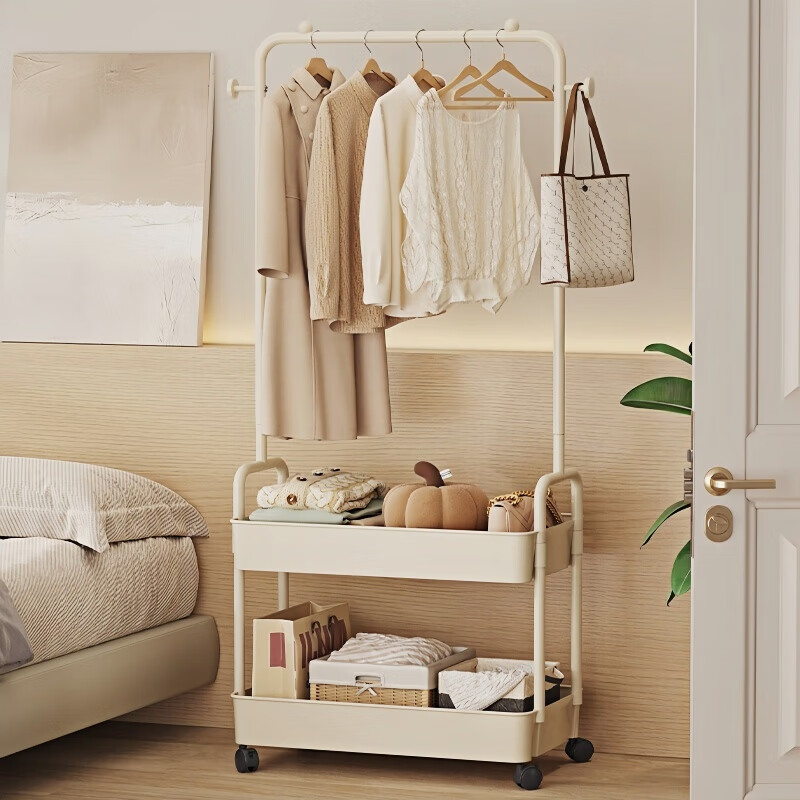 馨婺家衣帽架落地卧室挂衣可移动室内收纳置物架客厅多功能晾衣服挂衣架 白色-单层网框【塑料款】