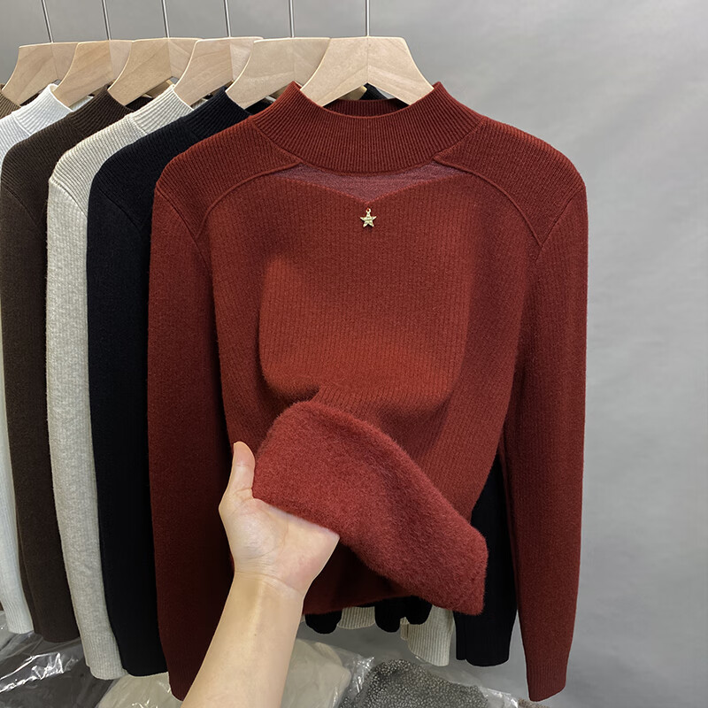 香影芬一体绒蕾丝半高领毛衣女加绒厚打底衫2025秋冬新款针织衫内搭上衣 米白色 2XL (建议125-135斤)