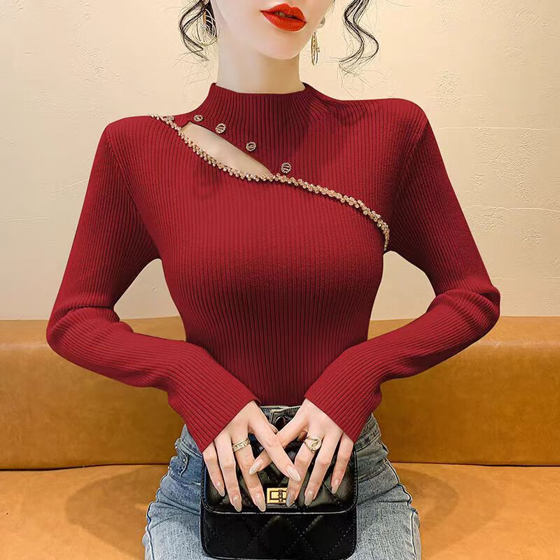 香影芬高级感钉珠镂空打底衫女半高领时髦内搭2025秋冬新款韩版显瘦毛衣 杏色 优质版 S  (建议95斤以内)