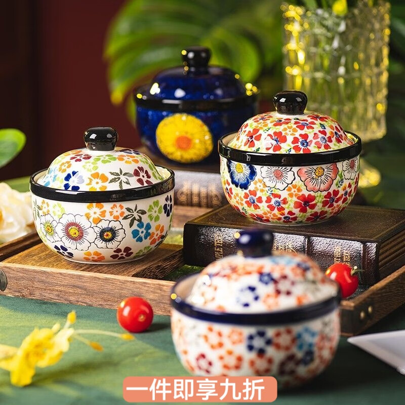 花沐禧手绘陶瓷小炖盅家用带盖汤盅隔水汤罐蒸蛋碗蒸鸡蛋羹专用碗甜品碗 绿影小汤勺