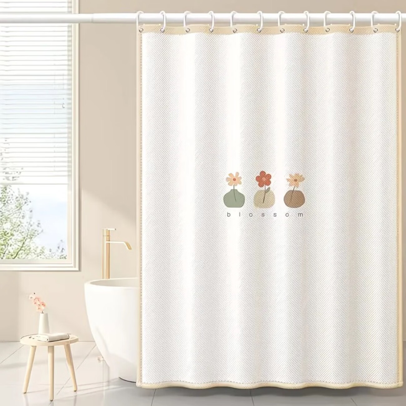 吱凡日本浴帘免打孔伸缩杆套装防水高档卫生间隔断浴室洗澡防霉窗帘布 暖意绵绵【160克加厚款】 【帘+杆】帘宽100x180+伸缩杆长70-120