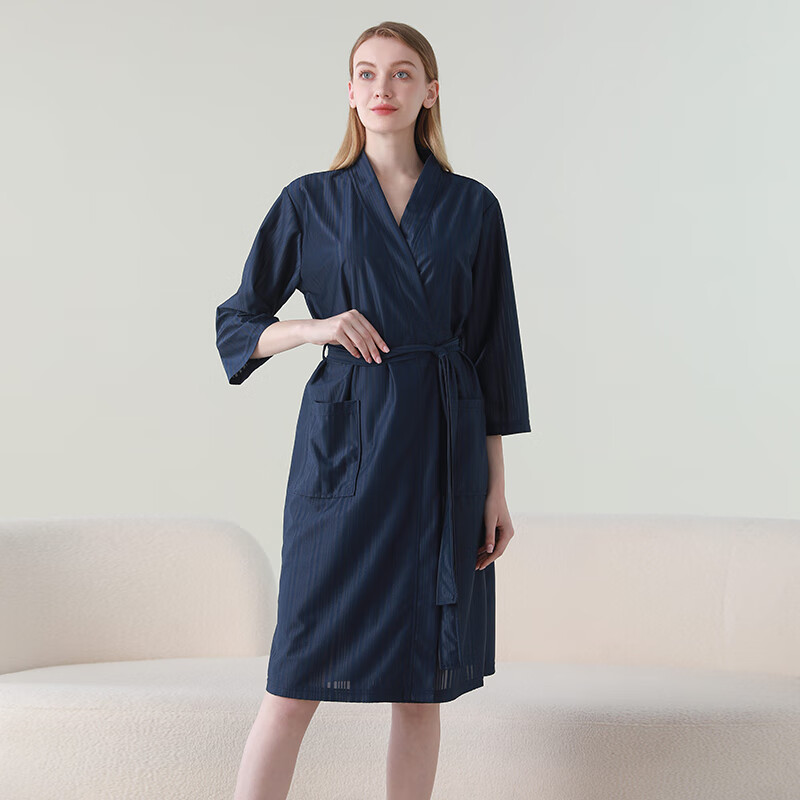 赛图蒙 情侣睡袍女春夏季凉感丝男士浴袍浴衣薄款睡衣家居服 2304藏青【男款】 M (150-160CM,80-125斤)