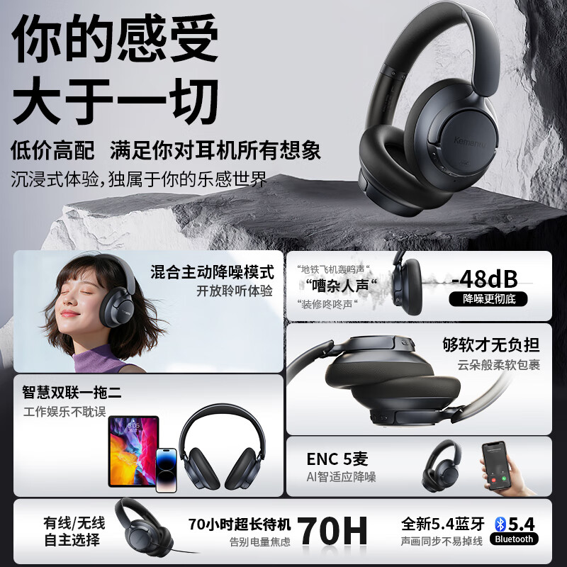 科曼图Kemantu头戴式蓝牙耳机主动降噪长续航无线金标音质支持有线游戏电竞耳机低延迟男女情侣款2025 宝石蓝