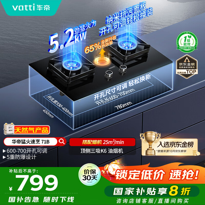 华帝（VATTI）国家补贴20%燃气灶天然气灶嵌入式台式一级能效5.2kW猛火煤气炉双灶台灶具i10071B【天然气产品