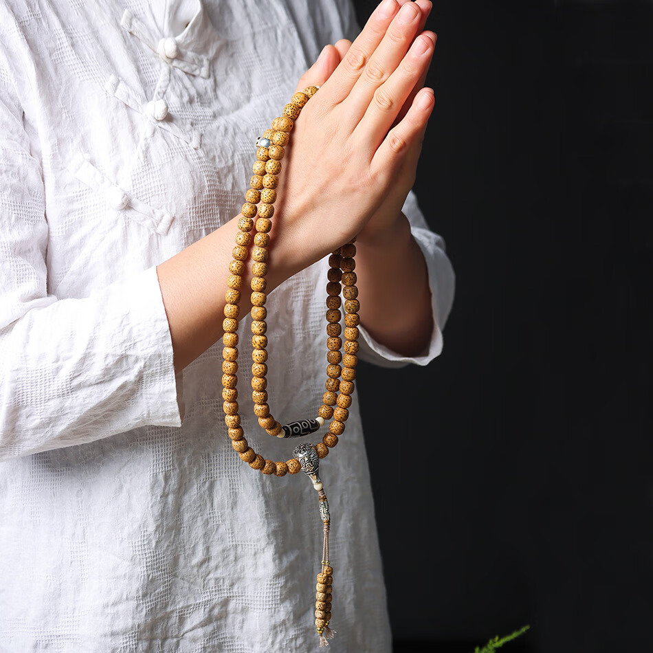 海南星月菩提黄金陈籽老料鸡油黄老型桶108颗藏银三通天珠款手串 鸡油黄藏银天珠款（910mm）