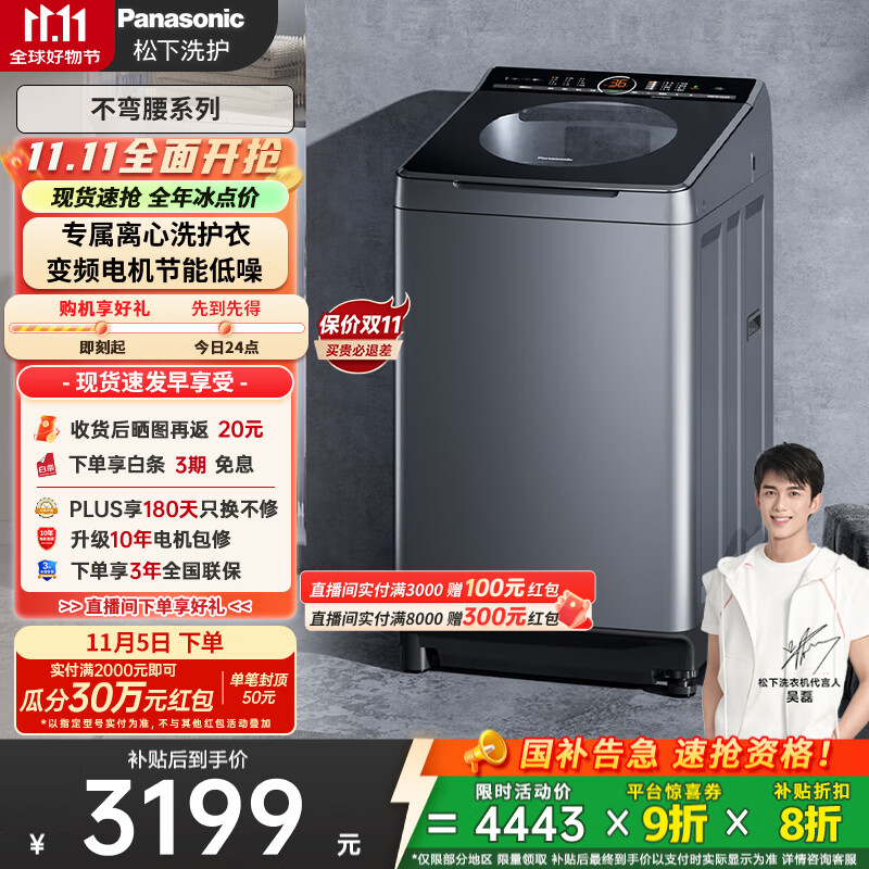 松下（Panasonic）【吴磊推荐】波轮洗衣机全自动10公斤大容量 一级能效离心洗羊毛内衣洗衣机 国家补贴XQB100