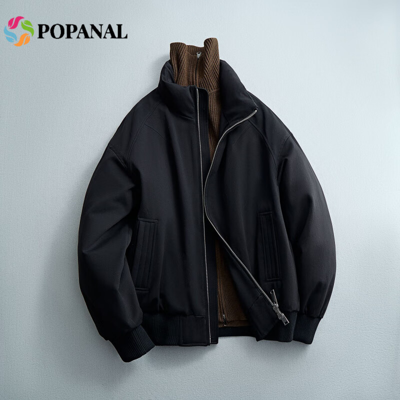 POPANAL香港潮牌2025冬季新款螺纹立领短款夹克服男士保暖简约羽绒服外套 黑色 M
