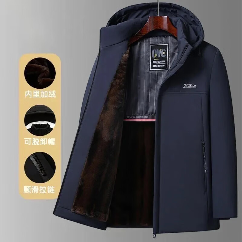 2025冬季新款男士派克服可脱卸帽保暖外套男装商务休闲男装 藏青色【加绒加厚】 3XL 建议（145-165斤）