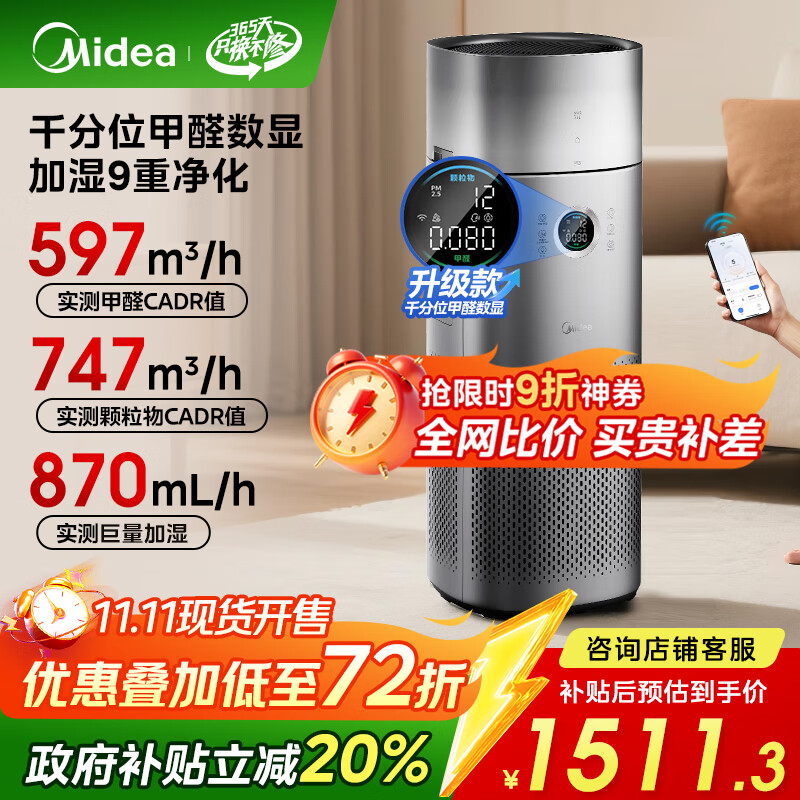 美的（Midea）【甲醛数显净化加湿器一体】空气净化器除醛除烟味异味过敏原空气净化机森林家RX600ProH国家补贴