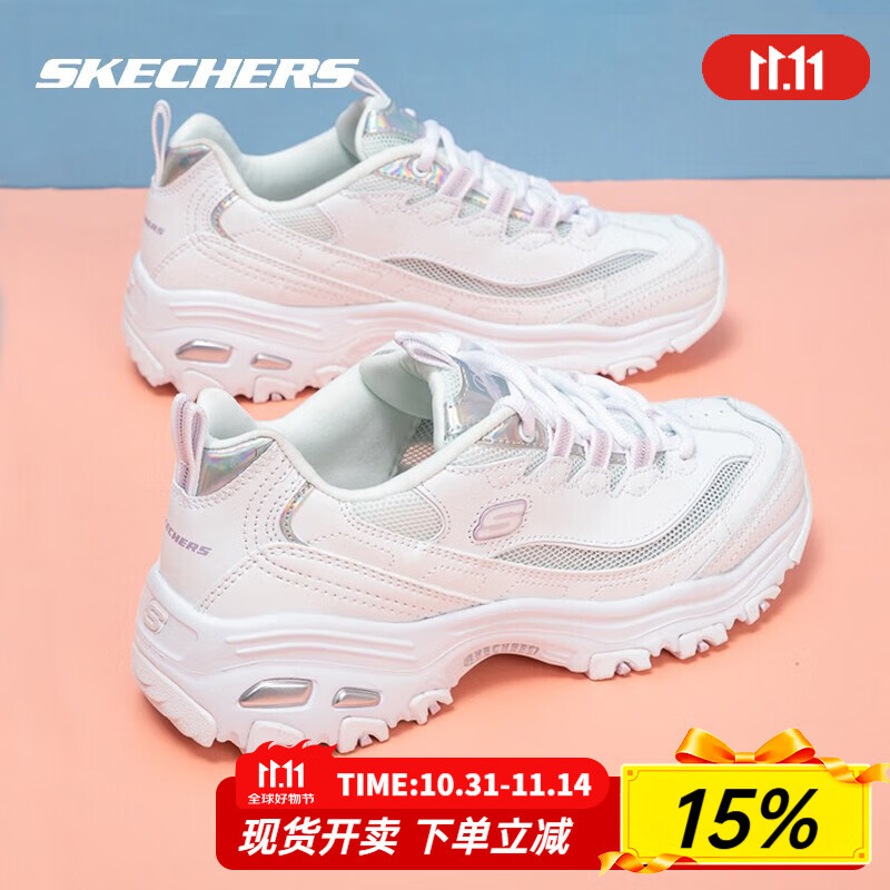 斯凯奇（Skechers）女鞋小白鞋夏季新款网面镭射熊猫鞋透气运动休闲鞋厚底增高老爹鞋 白色-WHT 35