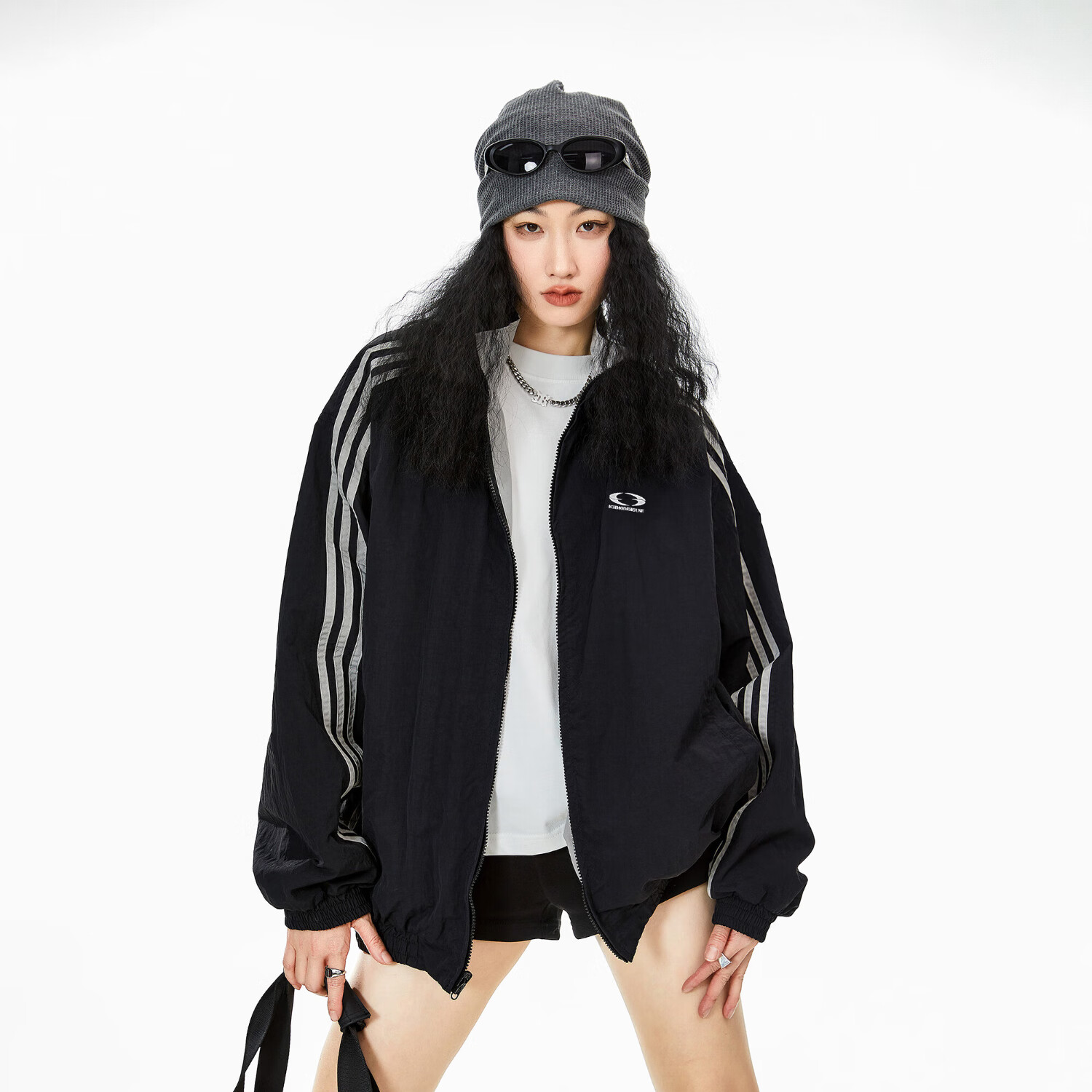 ICH MODE美式两面穿开衫外套女新春宽松休闲运动夹克上衣2026新款黑色S