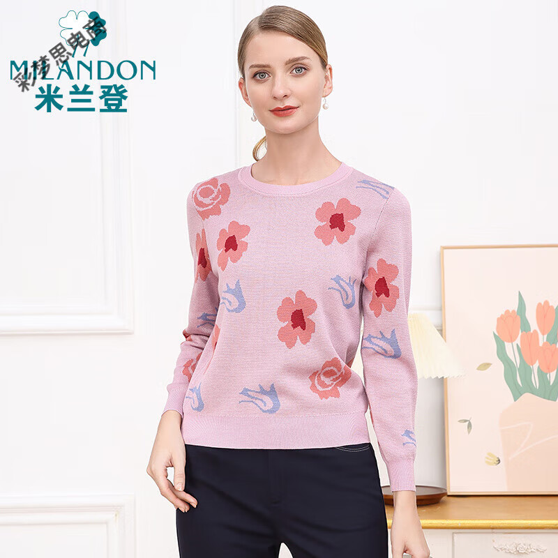 米蘭登(MILANDON)中老年媽媽裝秋冬新款圓領(lǐng)長袖針織衫女綿羊羔毛時(shí)尚保暖上衣 粉色 XL