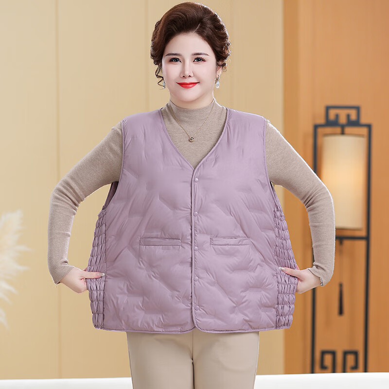 榄舍胖太太羽绒马甲女秋冬季新款内穿外搭保暖背心坎肩中老年妈妈马夹 浅紫色 5XL （建议160-180斤）