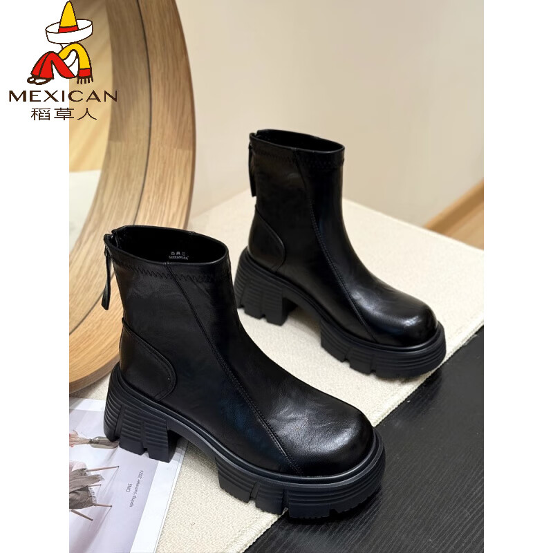 稻草人（MEXICAN）厚底增高靴女式单靴2025秋季新款优雅切尔西靴修身Look复古真皮厚 黑色 38