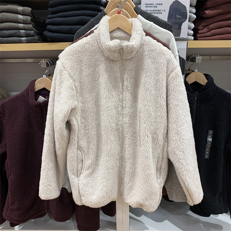 日单男装女装长绒摇粒绒拉链茄克长袖外套夹克休闲保暖百搭473174 乳白色 S