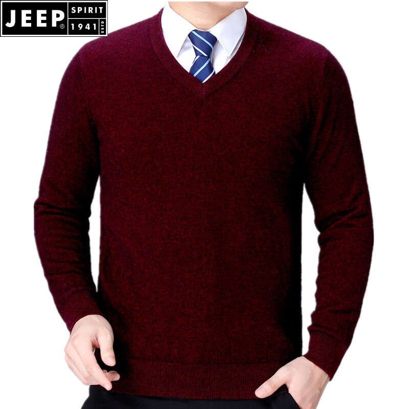JEEP SPIRIT2026秋冬季新款商务男士毛衣男打底休闲中青年保暖V领针织衫男装 红色 M