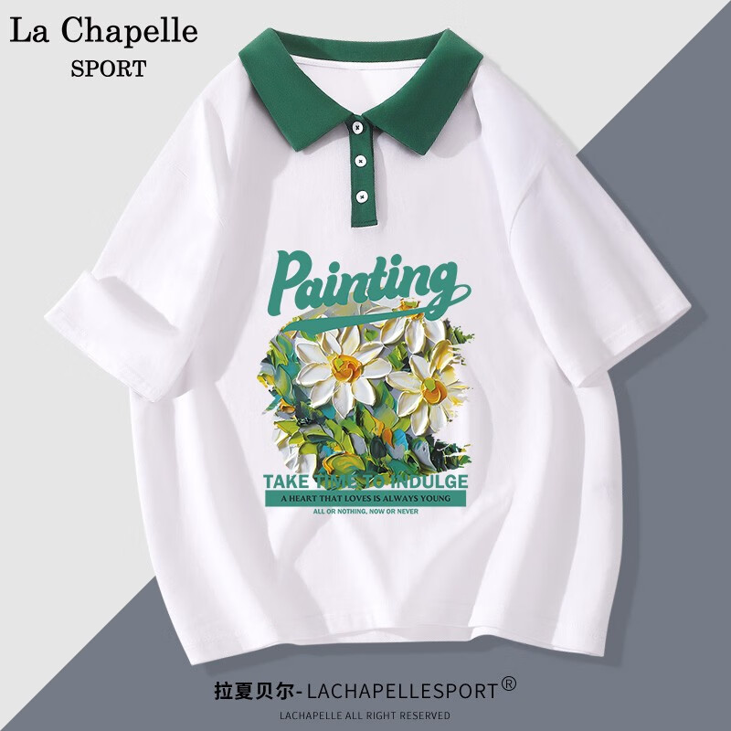 La Chapelle Sport拉夏贝尔短袖t恤女夏季休闲撞色polo领体恤打底衫宽松显瘦上衣女 白色(油画菊) M(100-120斤)