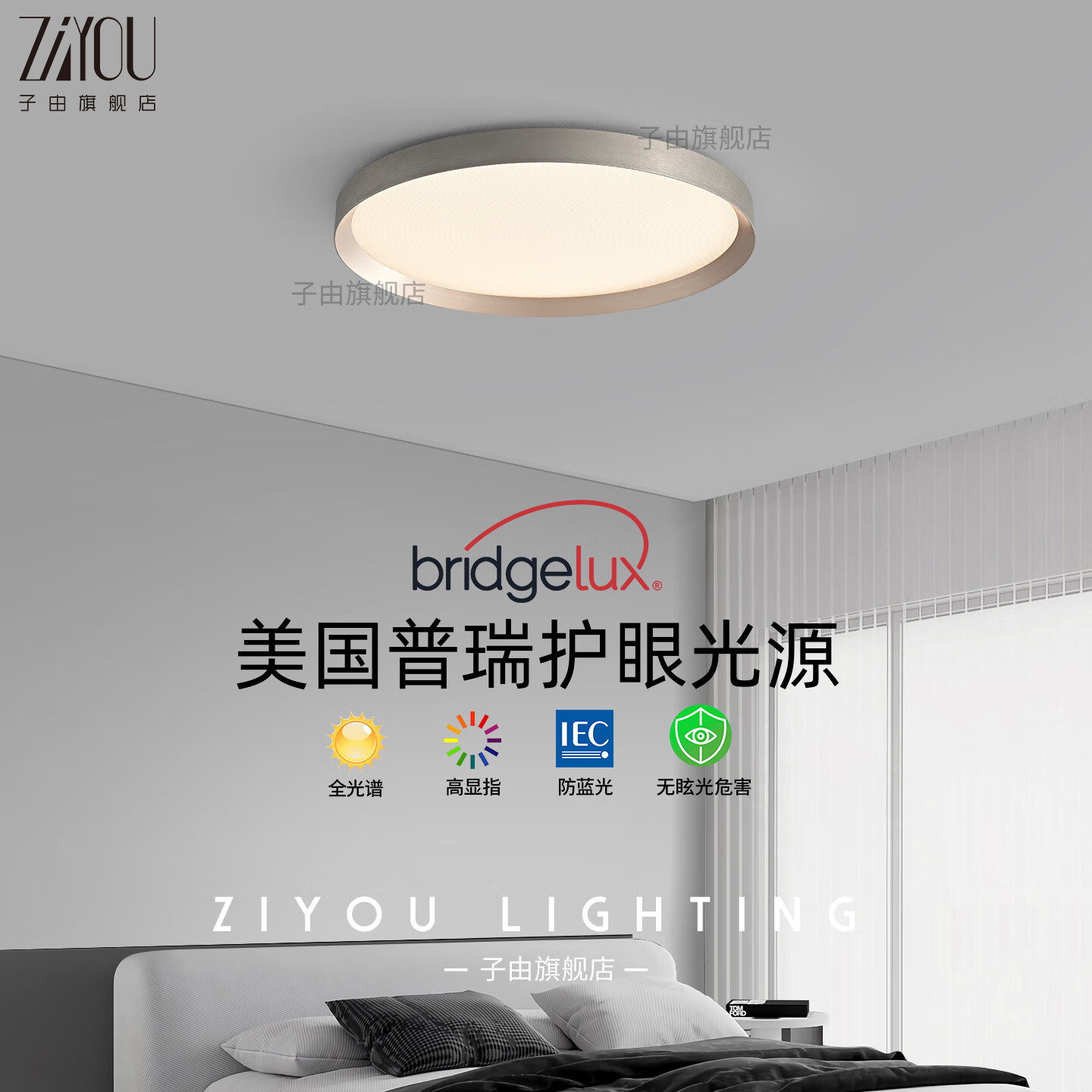 子由卧室吸顶灯 2025新款意式极简高级感圆形护眼书房主卧吸顶灯房灯 L50CM 拉丝灰(美国普瑞光源-无极调光)