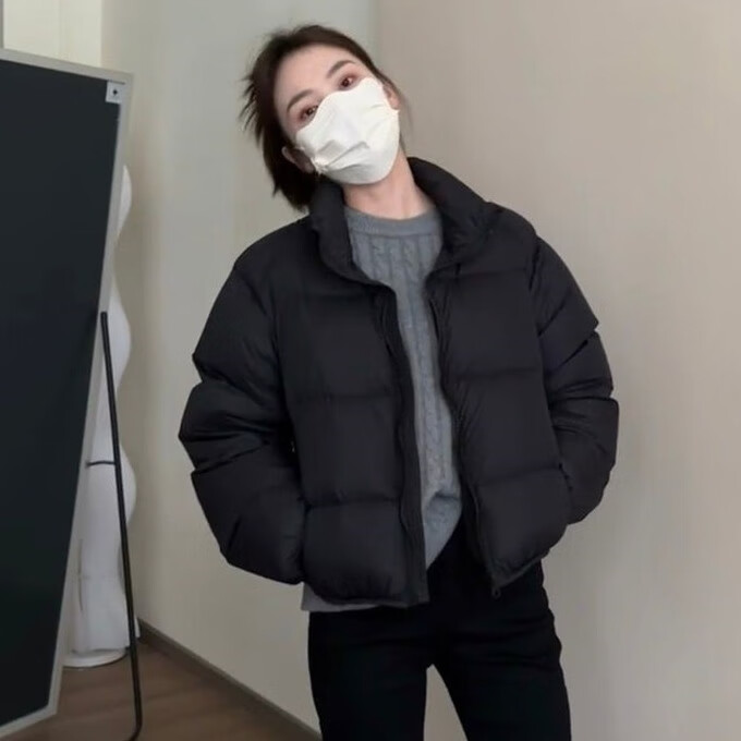 肯豆风美式短款羽绒服女2023冬季新款小个子白鸭绒美拉德立领外套 黑色 M