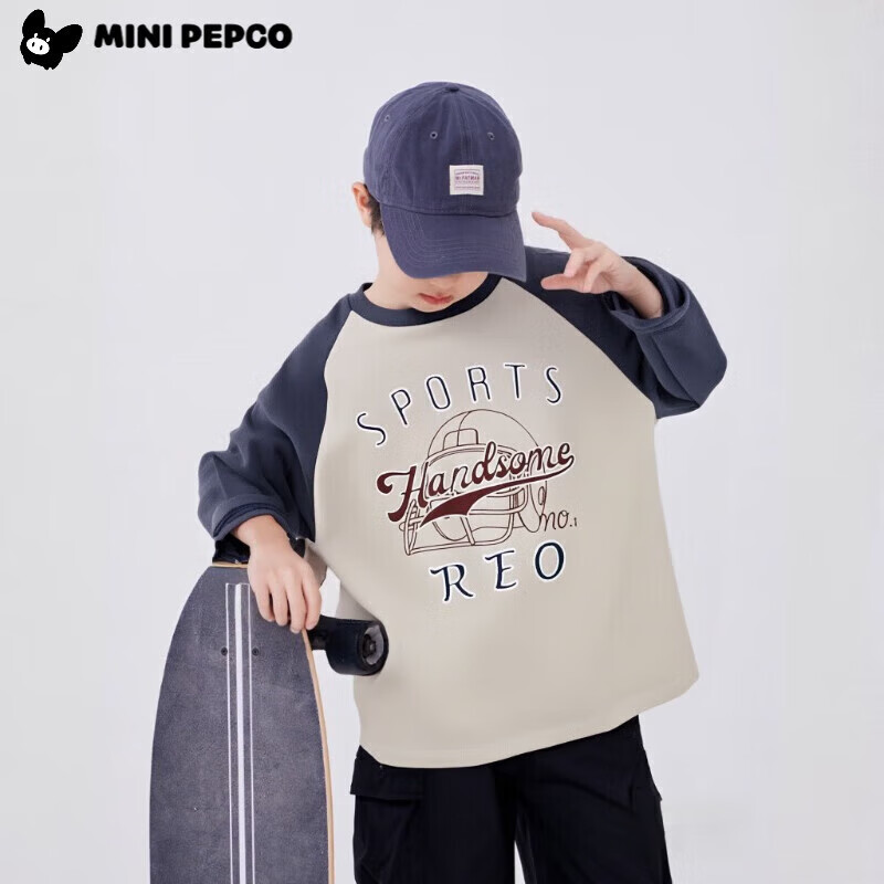 小猪班纳（PEPCO）【7A抗菌】儿童印花长袖T恤插肩韩版春秋童装宝宝圆领打底衫 Sports藏青/米杏 男 150 建议身高130-140cm
