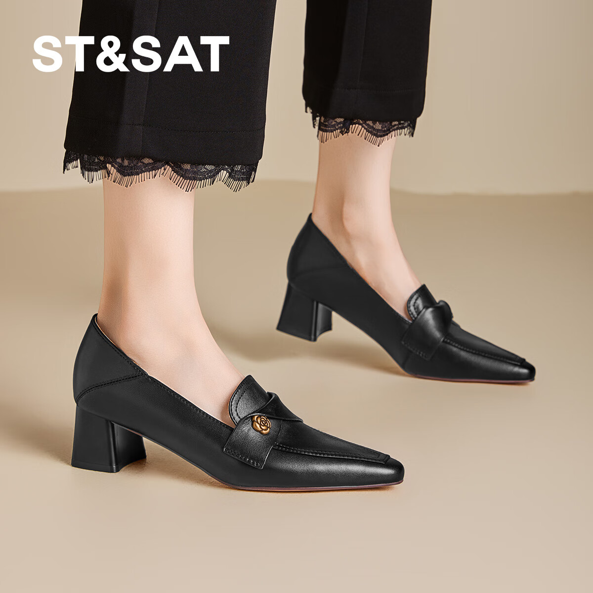 星期六气质粗跟增高小皮鞋女款2025新款秋季百搭休闲鞋一脚蹬单鞋 黑色 37