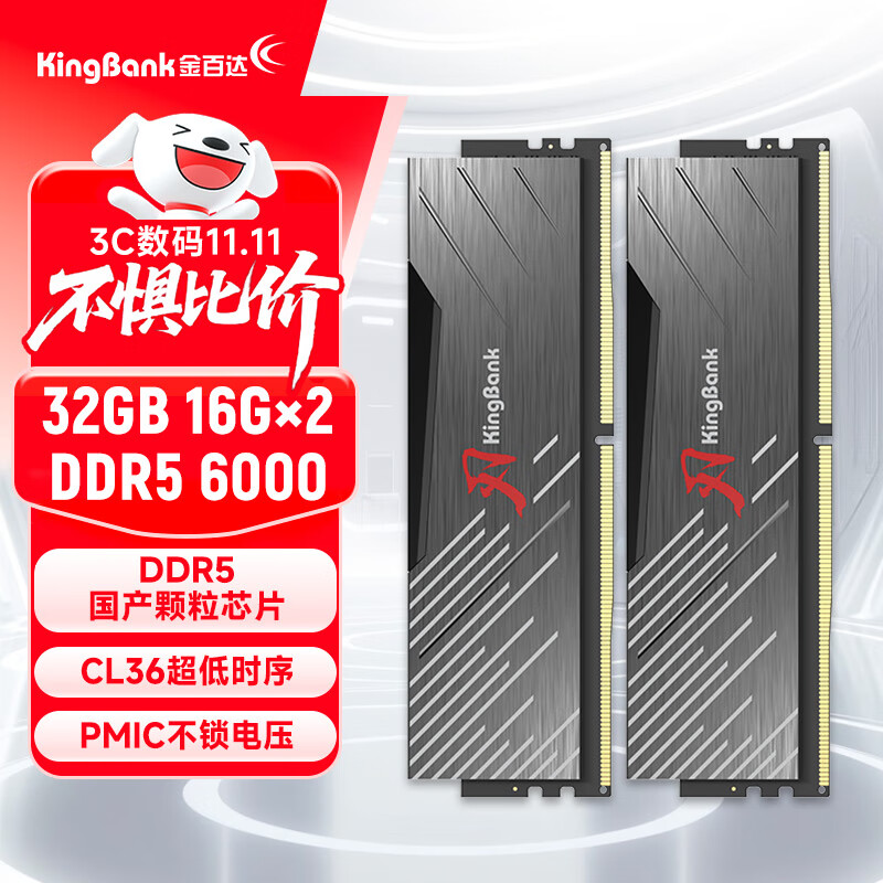 金百达（KINGBANK）32GB(16GBX2)套装 DDR5 6000 台式机内存条国产颗粒 黑刃无灯 C36 适配黑神话悟空 