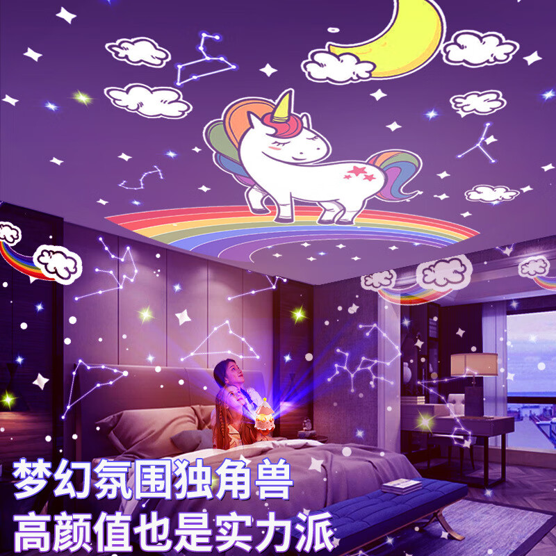 新款创意星空灯浪漫音乐八音盒儿童女孩女童旋转木马投影灯小夜灯 梦幻城堡-粉色-插电旋转-21套图案 礼袋