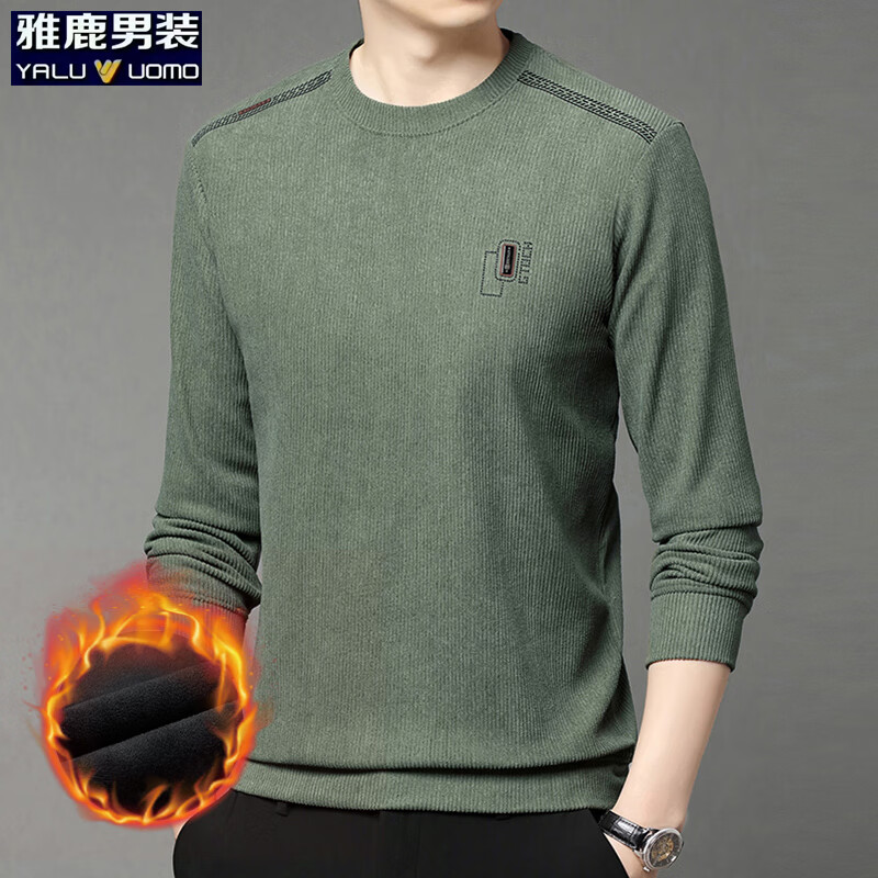 雅鹿男装加绒长袖t恤男冬季新款华夫格韩版保暖圆领休闲体恤衫男士上衣 绿色加绒 M (165)(建议100-120斤)