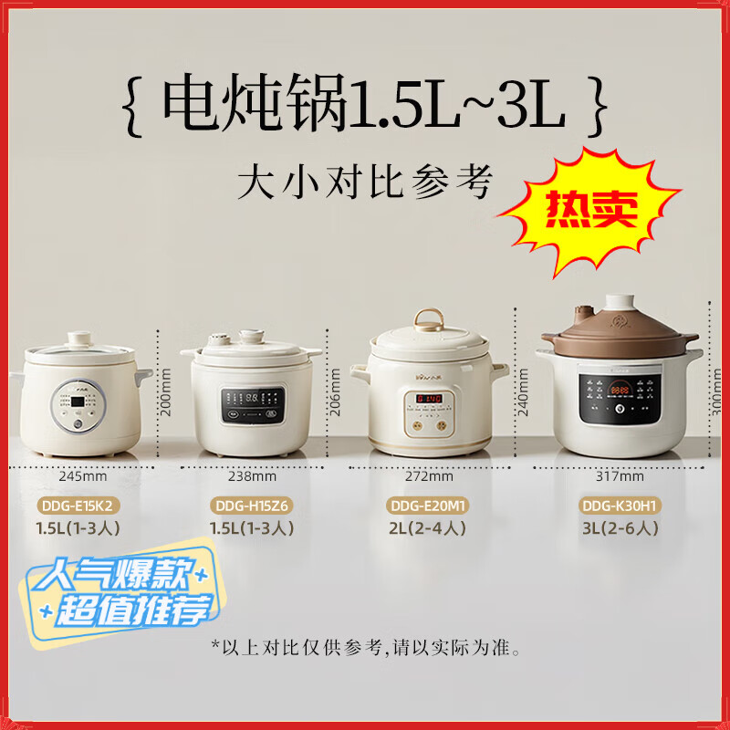 Bear小熊电炖锅微压炖锅1.5-2-3L家用小型煲汤锅陶瓷多功能全自动煮粥锅辅食锅隔水炖锅电砂锅煲汤锅煲 （~3L尺寸参考） 1.5L