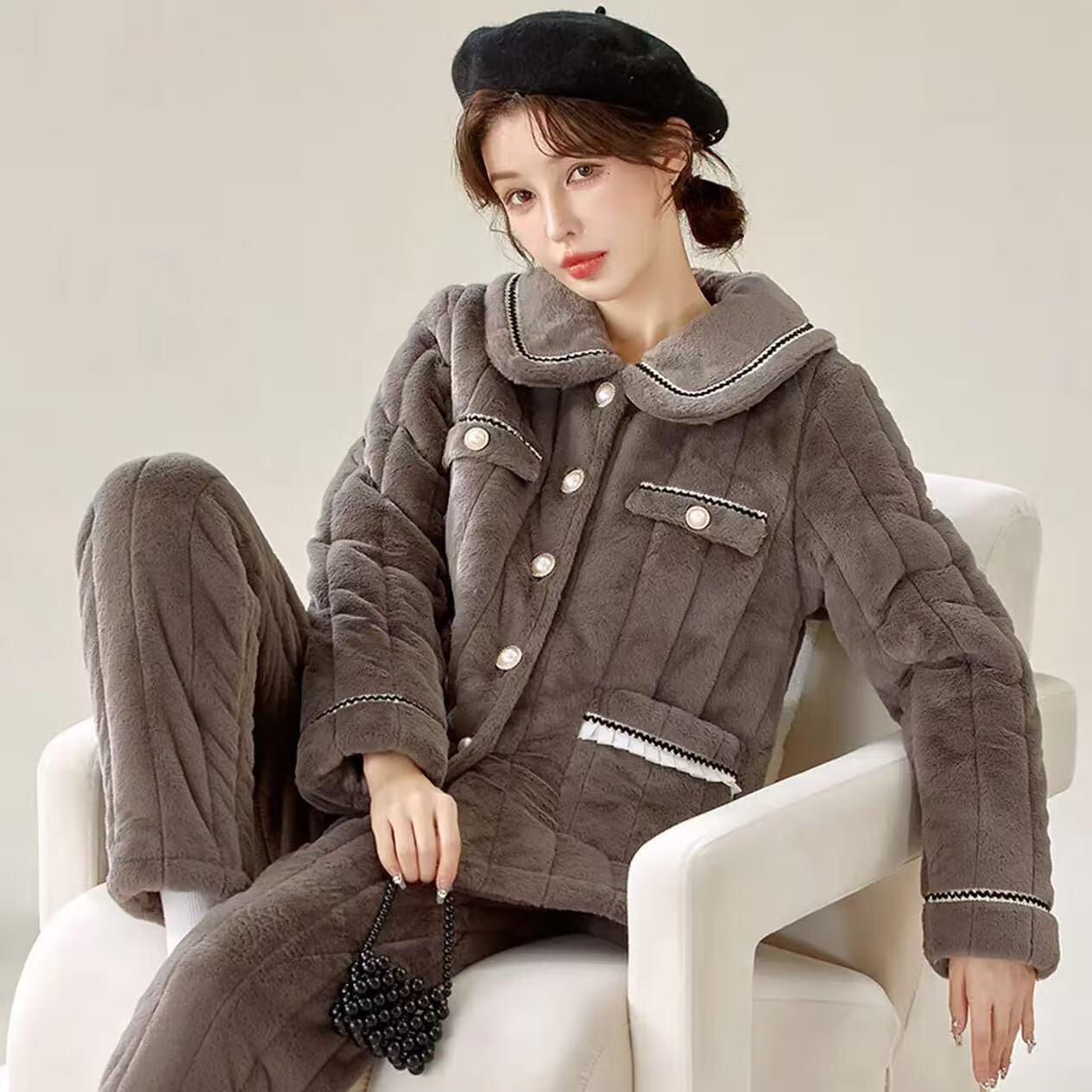 chunnian睡衣女秋冬加绒加厚珊瑚绒三层夹棉袄法兰绒女士保暖家居服套装 KJ-803 XL