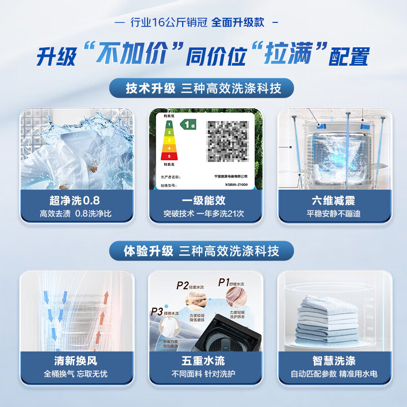 Heiai洗衣机全自动新一级能效家商两用波轮大容量 洗脱烘一体蓝光洗护防缠绕 16KG【升级节能+蓝光风干+强劲动力】