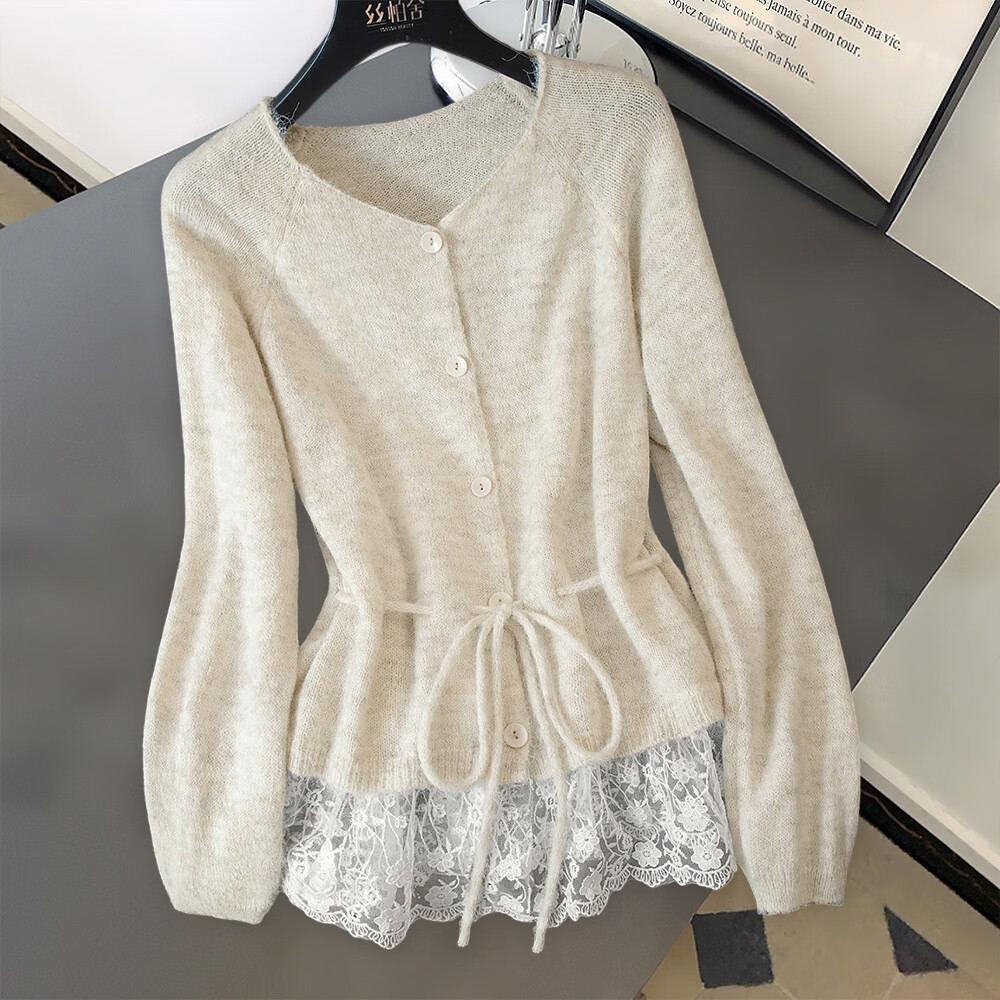 丝柏舍撞色V领长袖针织衫女2025秋装新款时尚单排扣系带上衣