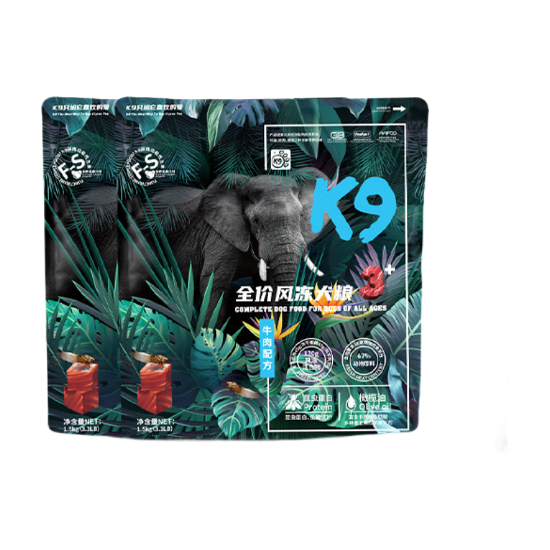 K9狗粮风干冻干三拼成犬幼犬中小型通用低敏昆虫蛋白牛肉味3kg/6斤