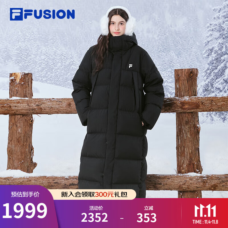 FILA FUSION斐乐潮牌情侣长款羽绒服2025冬季90%鹅绒新款保暖连帽外套 正黑色-BK M 170/92A/M