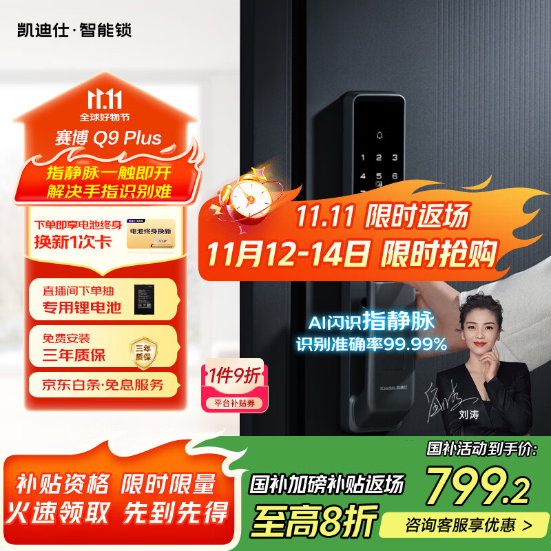 凯迪仕（kaadas）智能门锁 指静脉指纹识别 智能锁 电子锁密码锁 赛博Q9 Plus