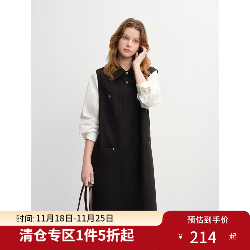 独束大码女装撞色假两件拼接工装风衬衫裙2025秋季时尚通勤连衣裙 黑色 XL （尺码：3）