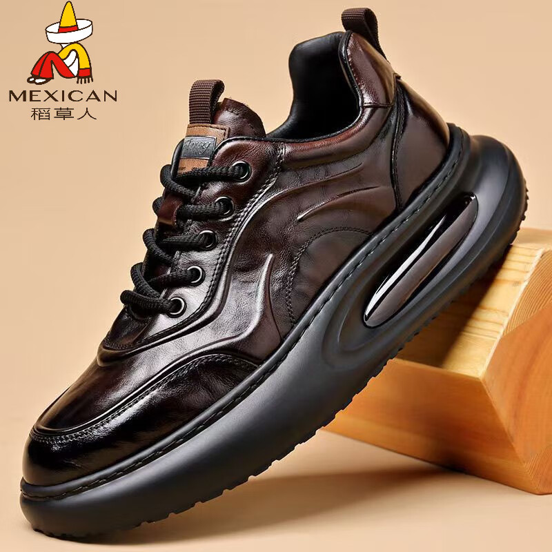 稻草人（MEXICAN）新款厚底真皮老爹鞋男ins超火男款潮鞋欧洲站休闲鞋 棕色 40