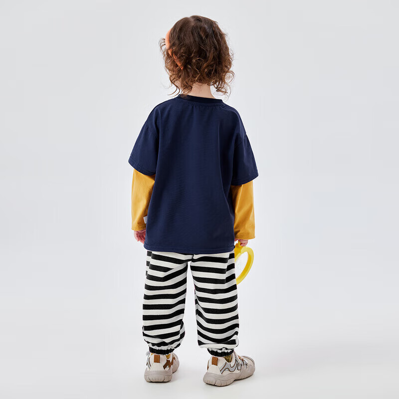 嘟嘟家女童长袖套装春装女小童秋款可爱假两件T恤女宝宝休闲条纹裤子潮 藏青色 90