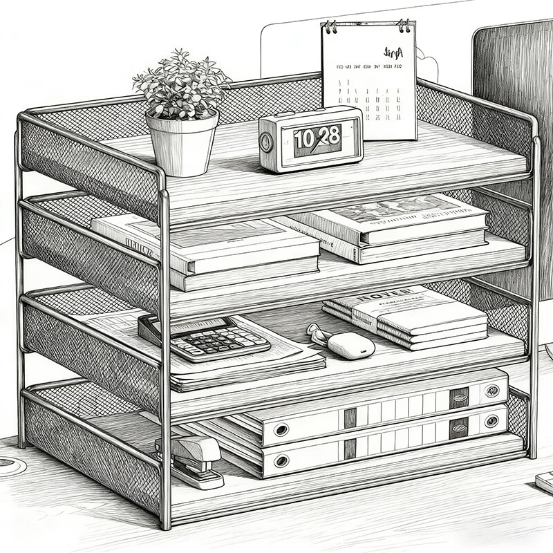尔思家桌面文件置物架办公用品收纳架办公室简约文件夹书桌档案多层架 黑+柚木（四层）横款