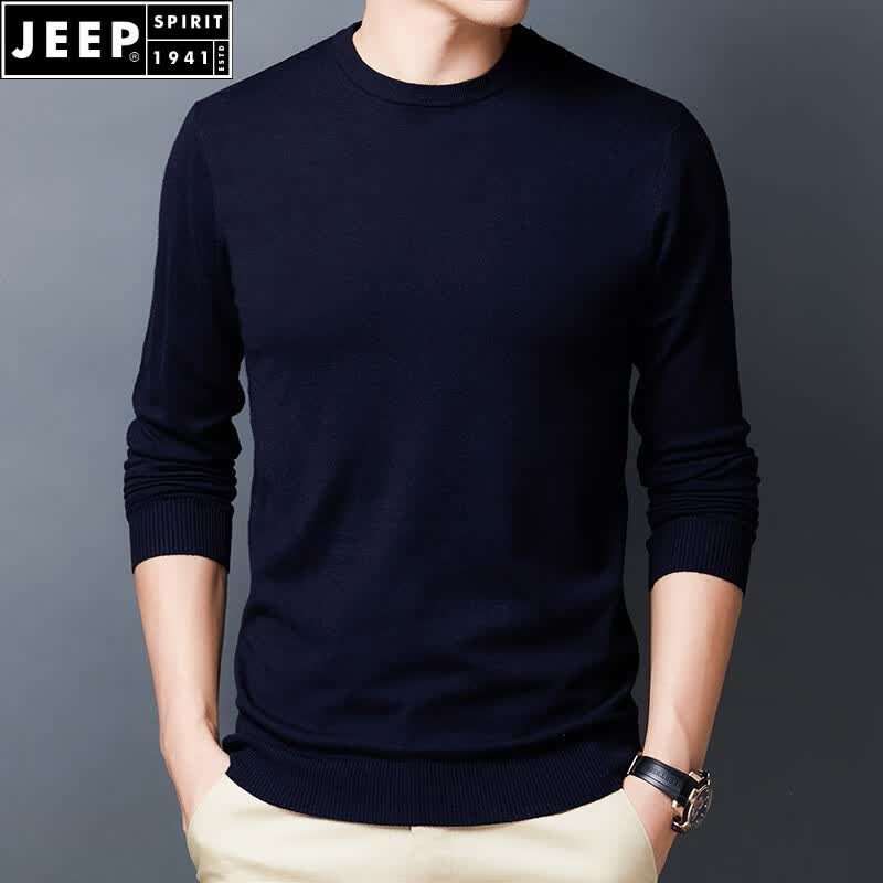 JEEP SPIRIT春秋新款男士针织衫圆领薄款修身打底毛衣中青年纯色套头针织衫男 821藏青 M/165
