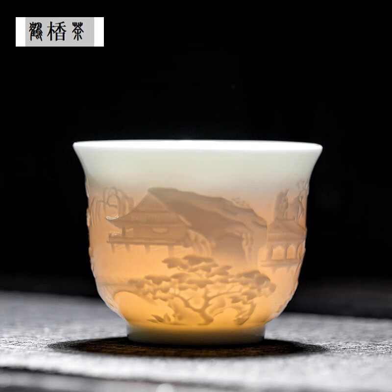 鹤楿茶景德镇高档陶瓷冰种主人杯白瓷纯手工浮雕滕王阁龙凤福茶杯单杯 冰种滕王阁+木头礼盒 140ml