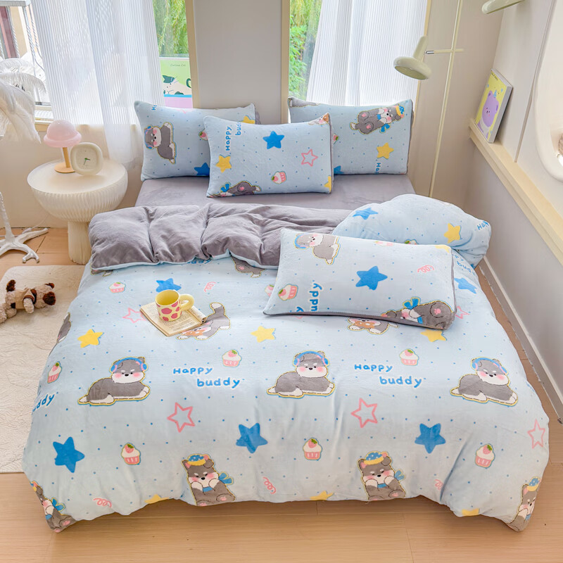 伊路卡新款牛奶绒四件套秋冬季保暖珊瑚绒床上用品儿童被套床单 布丁狗 1.2米床 三件套 床单款 （被套150*200cm）
