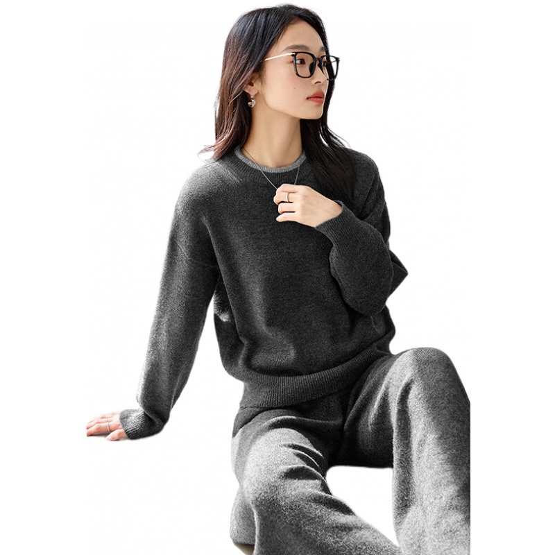 梵希蔓高級肌理感套裝女2025年春秋新款羊毛混紡上衣闊腿褲兩件套 73536 深灰色 L