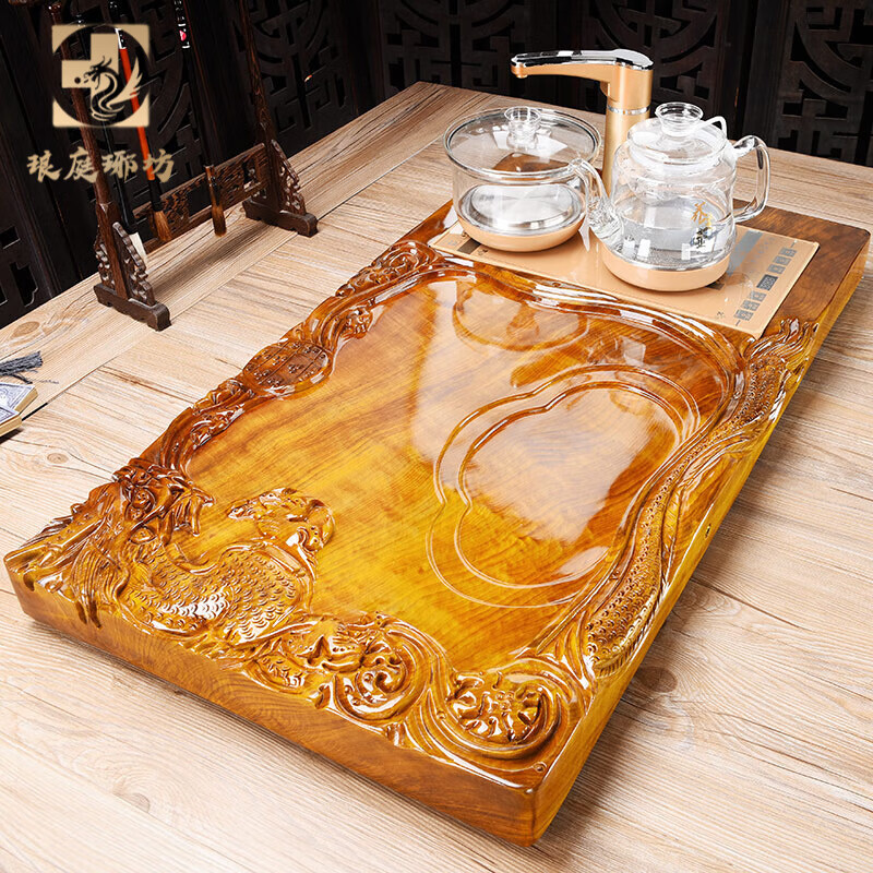 瑯庭琊坊金絲楠木茶盤整塊天然實(shí)木辦公家用茶托玻璃一體電磁爐全自動(dòng)茶臺(tái) 07金絲楠木單龍+電器